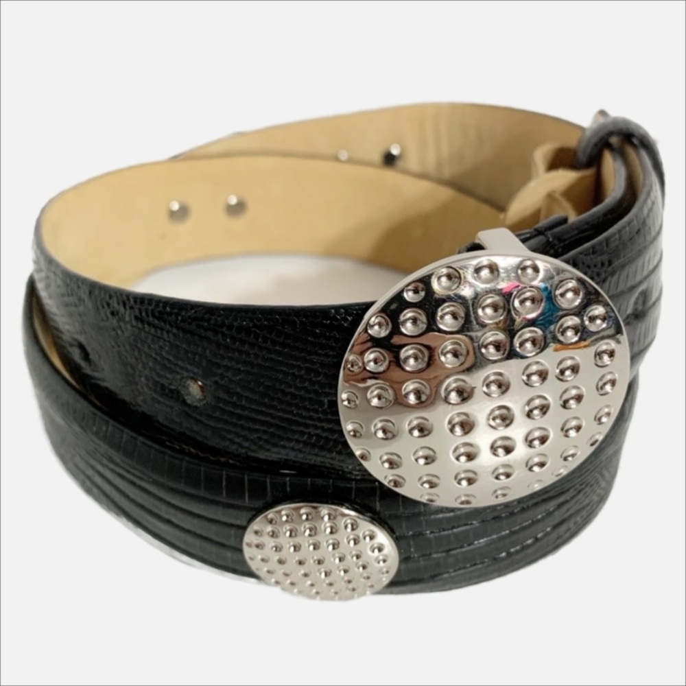 LB Belt Company Snakeskin Embossed Italian Leather Belt Silver Tone Embellished